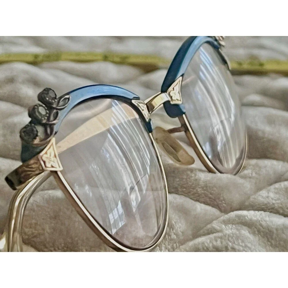 Vintage American Optical 1/10 12KGF Blue Cat Eye Rhinestone Eyeglass Frames